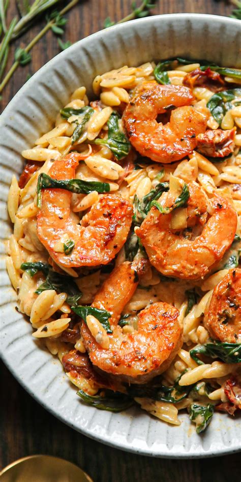 Creamy Shrimp Orzo with Spinach, Sun-Dried Tomatoes, and Artichokes ...