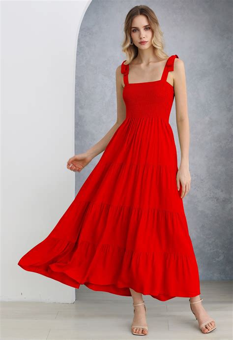 Fluttering Tie-Shoulder Shirred Maxi Dress in Red - Retro, Indie and ...