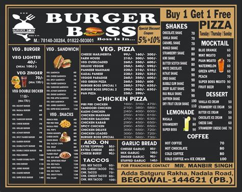 Menu at Burger Boss, Ghoman