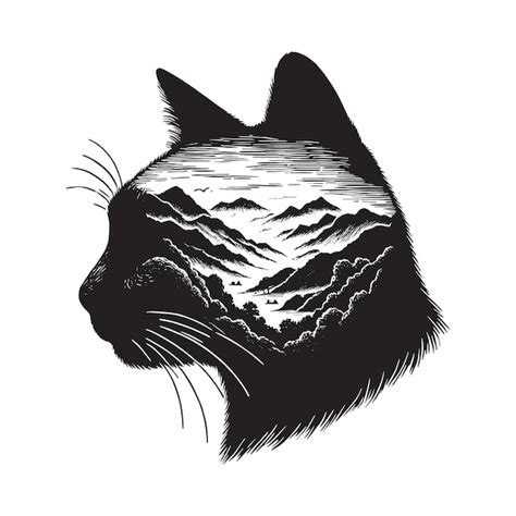 Silhouet van Siamese kat gevuld met berg en natuur uitzicht in ruwe ...