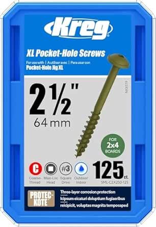Kreg Tool Company SML-C2X250-125 HD Pocket Hole Screws 125 CT : Amazon ...