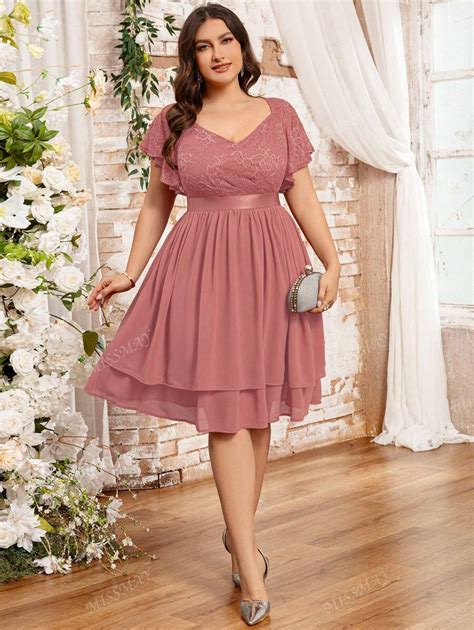 Plus V-Neck Floral Lace Ruffle Sleeve Double Layer Chiffon Evening ...