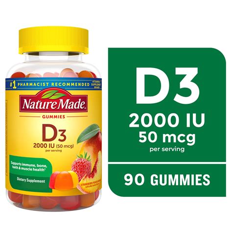 Nature Made Vitamin D3 2000 IU (50 mcg) Per Serving Gummies, Dietary Supplement for Bone and ...