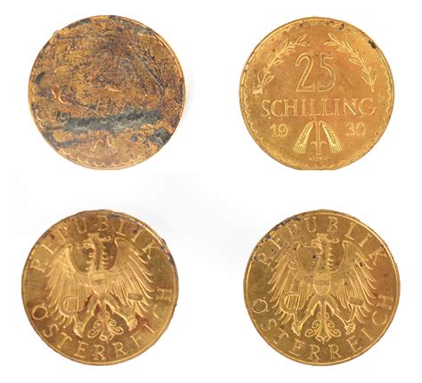 TWO REPUBLIK OSTERREICH 1928 & 1930 25 SCHILLING GOLD COINS, 11.8gms in ...