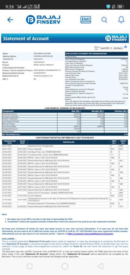 Bajaj Finserv — Deduct money after foreclosure