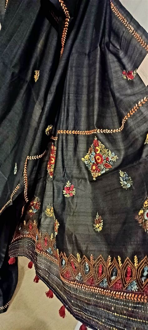 Black semi Tussar silk saree with hand embroidery – House of Shylee