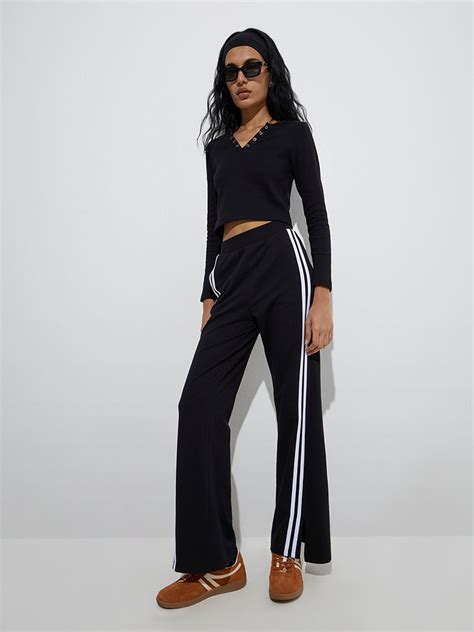 Buy Studiofit Black Striped High-Rise Cotton-Blend Track Pants from ...