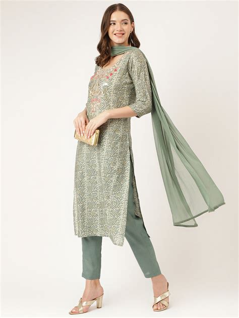 Divena Green Floral Print Chanderi Kurta, Trouser With Dupatta – divena ...