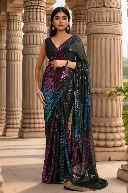 Buy Black Georgette, Silk Sequins Gradient Saree With Unstitched Blouse ...