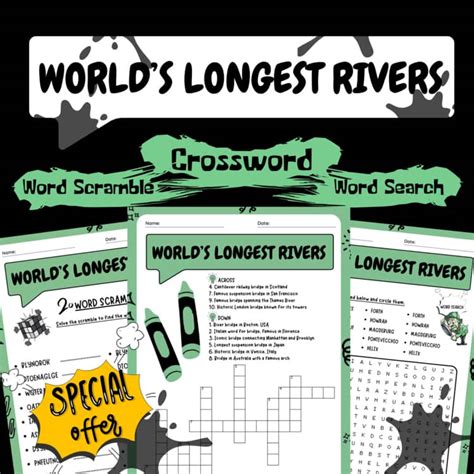 World's Longest Rivers Vocabulary Word Search, Scramble & Crossword Bundle