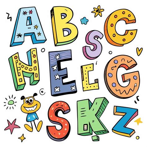Colorful 3d alphabet letters with various patterns and doodles ...