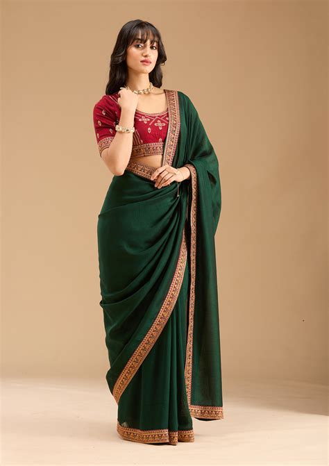 Buy Bottle Green Zariwork (Gold) Soft Raw Silk Saree - Koskii