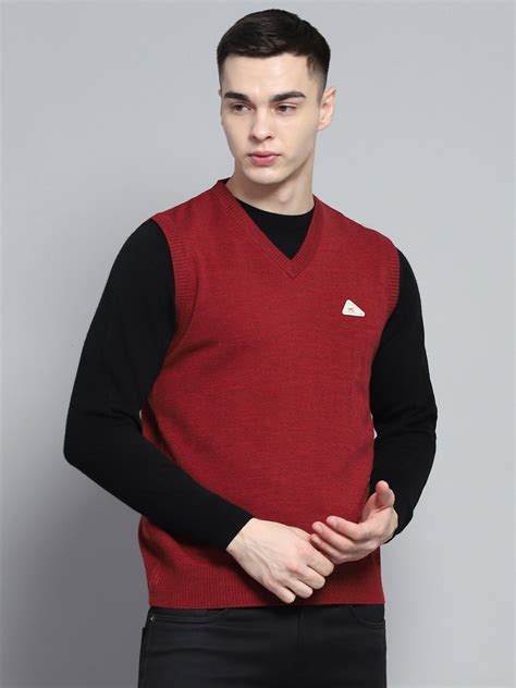Buy Men Maroon Solid V Neck Sleeveless Sweater Online in India - Monte ...