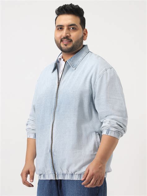 Plus Men's Ice Blue Relaxed Fit Full Sleeve Harrington Denim Jacket ...