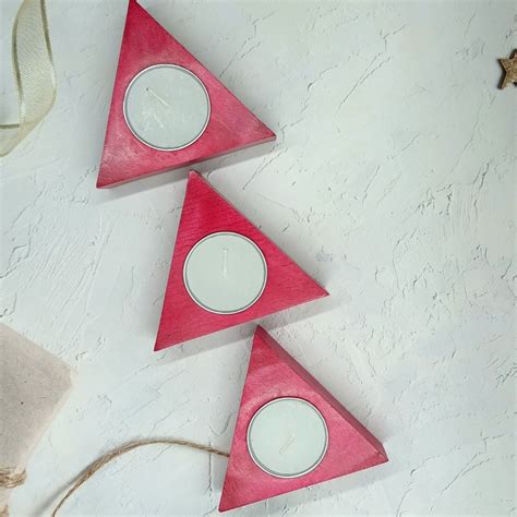 Handcrafted Wooden Teal Light Candle Holder (Set of 3) Triangle Shaped ...