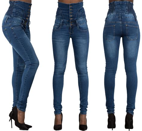 Womens Ladies Sexy High Waist Skinny Ripped Jeans Blue Stretch Denim ...