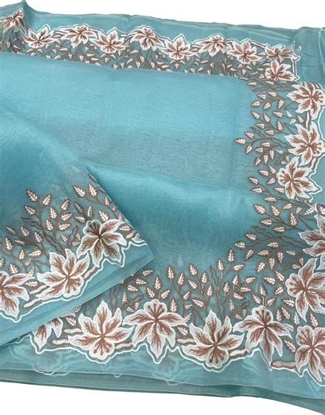 Blue Chikankari Embroidered Organza Saree - Luxurionworld