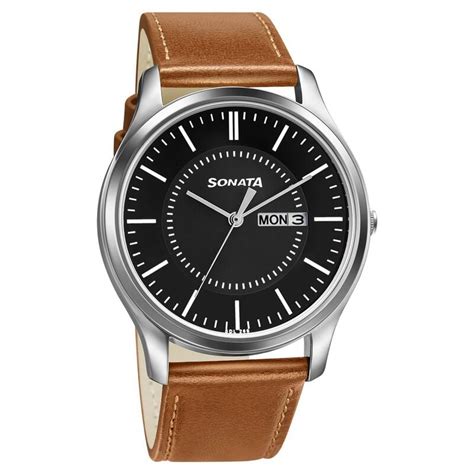 Buy Online Sonata Quartz Analog with Day and Date Black Dial Leather ...