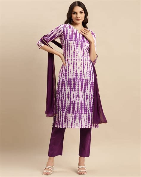 Varanga Women Purple Shibori Straight Kurta Paired With Tonal Bottom ...