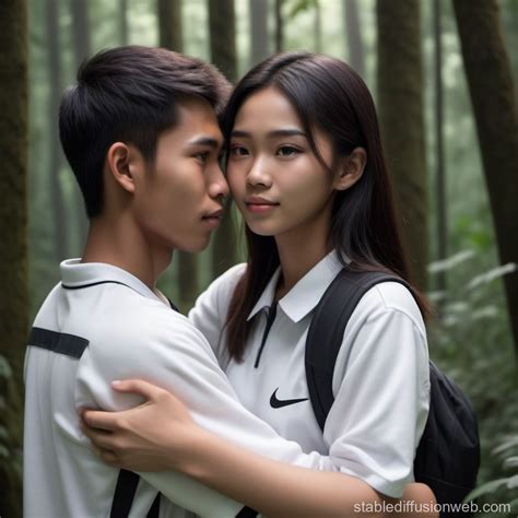 Romantic Embrace: Indonesian High School Couple in Forest | Stable Diffusion Online