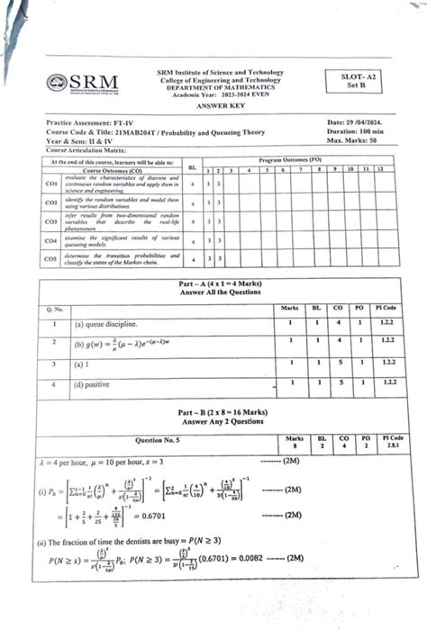 21MAB204T Probability and Queueing Theory Set B Answer Key - Studocu