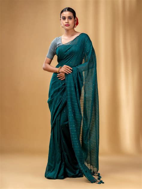 Teal Cotton Handwoven Soft Saree With Sequin Work – Charukriti