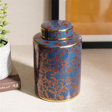 Buy PURE HOME + LIVING Blue and Red Ceramic Floral Print Canister with ...