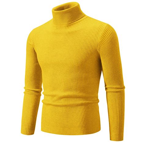COSFO Yellow Sweaters for Men Ribbed Knit Solid Long Sleeve Turtleneck ...