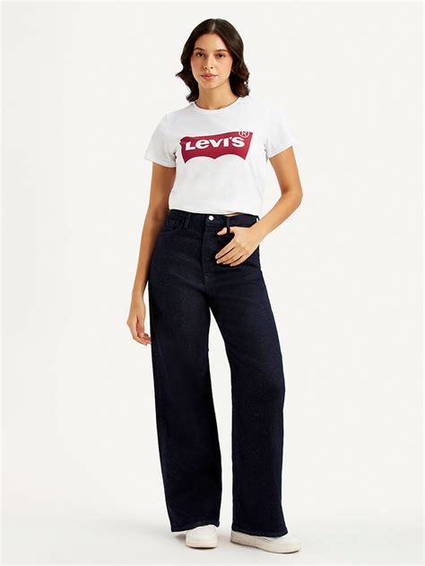 Women's Navy Blue Ribcage Bell Bottom Wide Leg Fit High Rise Jeans ...