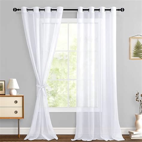 Buy Hiasan White Sheer Curtains with Tiebacks, Light Filtering Voile ...