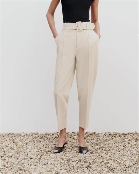 Tapered Stretch Pants With Belt Beige – Oyela