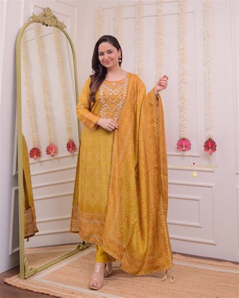 Mustard Yellow 3 Piece Pure Chanderi Silk Gotawork Suit Set For Women ...