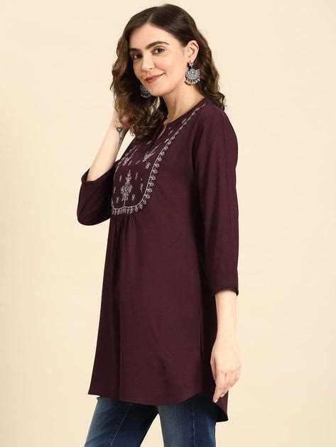 Women Burgundy Embroidered Yoke Straight Tunic With Three Quarter Slee ...