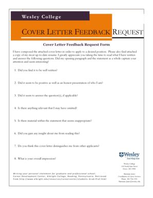 Wesley College Cover Letter Feedback Request Form - Fill and Sign ...