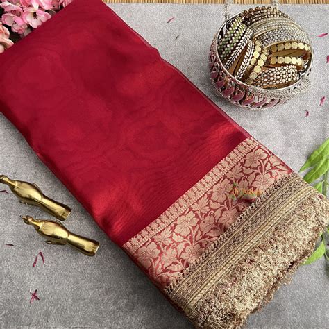 Vriksham Janhvi Kapoor Red Organza Saree-Lace Border-Handloom-VS4230 ...