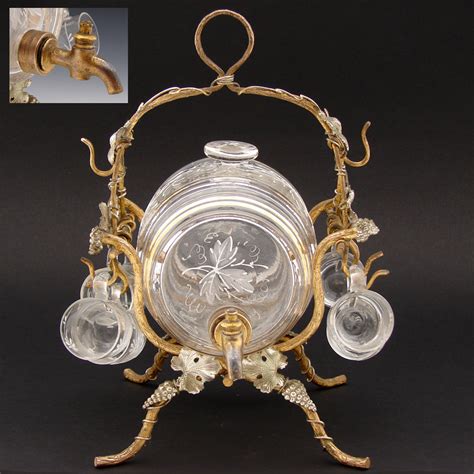 Antique French Aperitif Liqueur Service, Lg Barrel, Six Cups, Gilt Wir ...