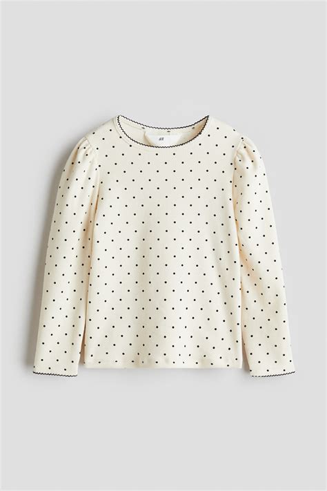 Picot-trimmed jersey top - Cream/Spotted - Kids | H&M IN