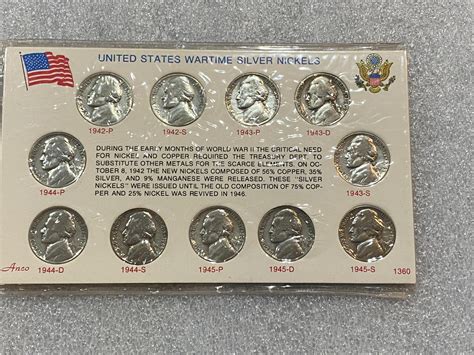 US WARTIME SILVER NICKELS SET COMPLETE ~~ 11 COINS in SEALED CARD - La ...