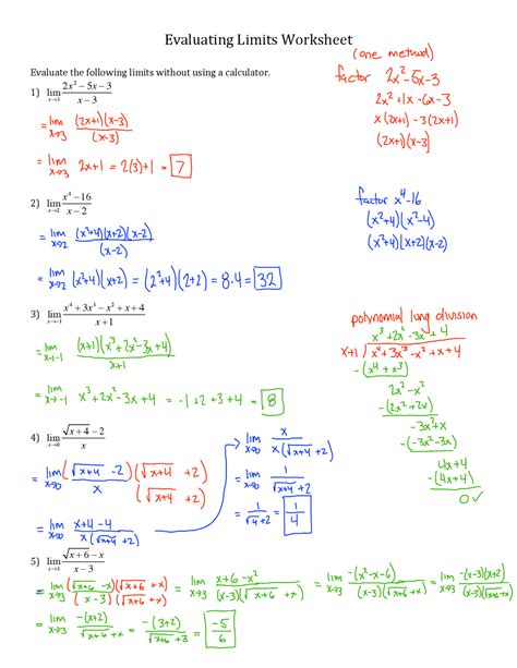 Evaluating Limits Worksheet Solutions - PreCalculus | Exercises ...