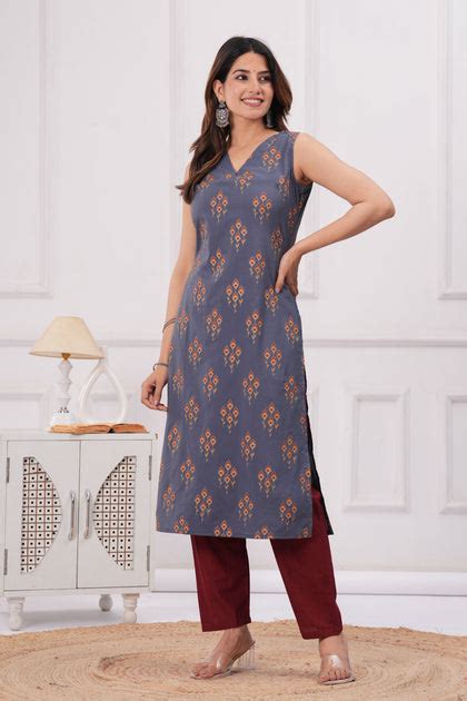 Women Grey Printed Straight Sleeveless Kurta – Nayo Clothing