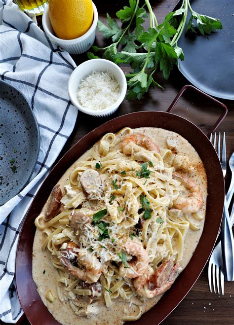 Best Cajun Chicken, Sausage And Shrimp Alfredo Pasta - foodiechef