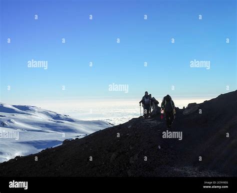 hikers on the ridge ascend mount kilimanjaro the tallest peak in africa ...