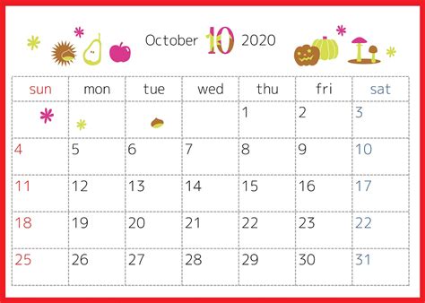 2020年10月横型の「秋の味覚とハロウィン」デザインカレンダー | 💗無料ダウンロード「かわいい」雛形・テンプレート素材