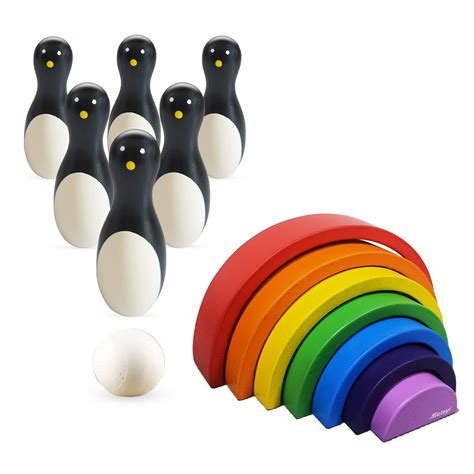Matoyi Wooden Bowling Pins Game & Rainbow Stacker for Kids Toy Set ...