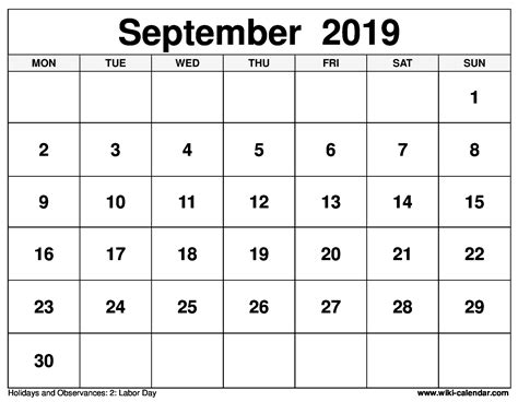 Sep 2019 Calendar