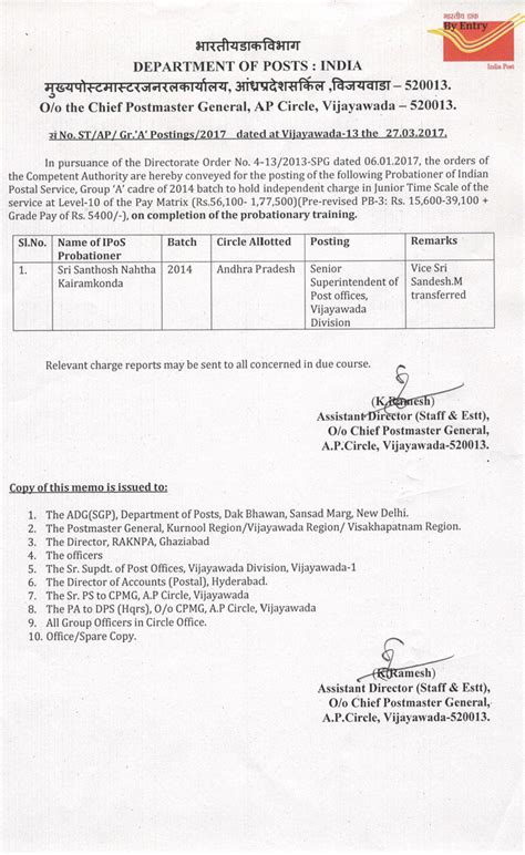 Posting of Probationer of Indian Postal Service , Group 'A' cadre of ...