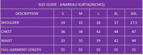 Anarkali Kurta Size Chart – Maybell Womens Fashion