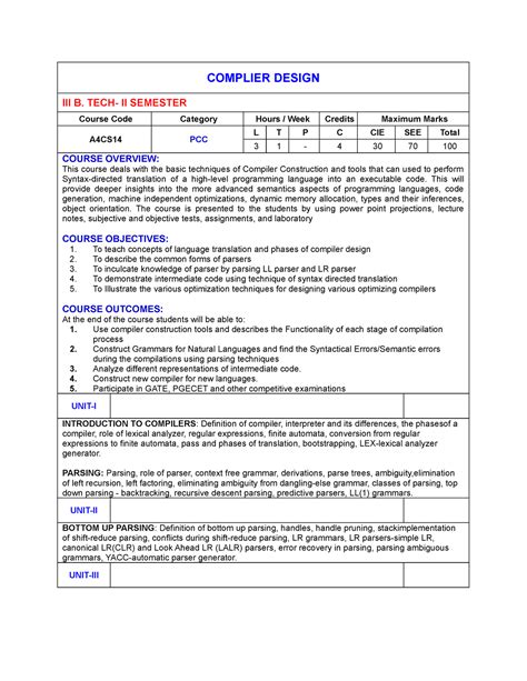 Complier Design syllabus - COMPLIER DESIGN III B. TECH- II SEMESTER ...