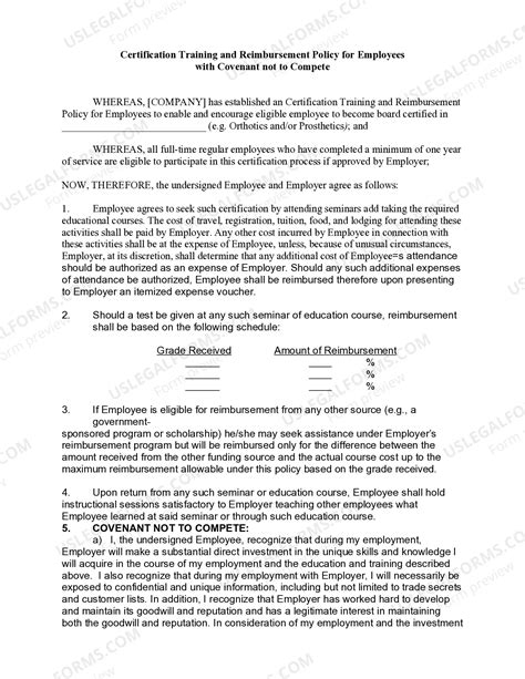 Certification Training and Reimbursement Not to Compete | US Legal Forms