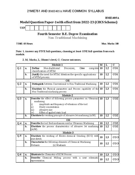 21ME751 & BME405A NTM Model Question Paper (CBCS Scheme) - Studocu